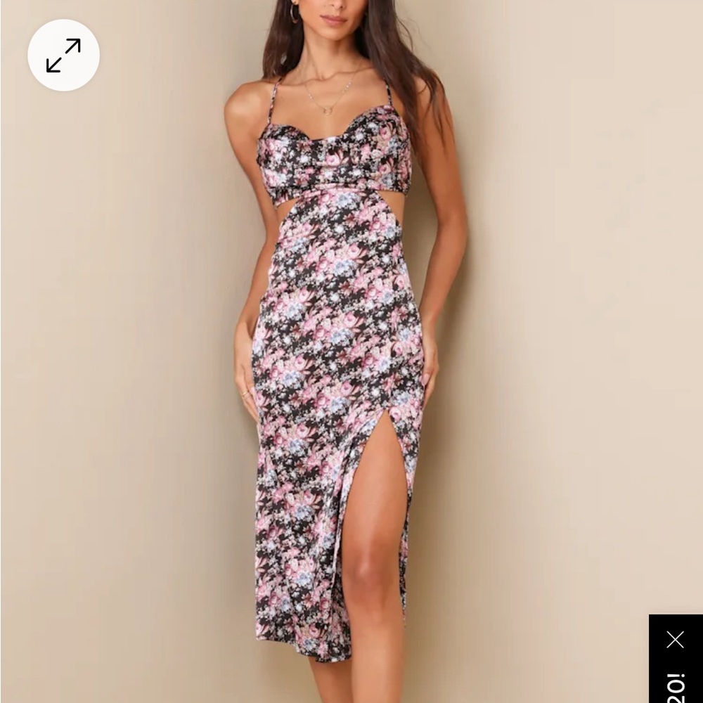 NWT Black Floral Cut Out Satin MIDI Dress - Size XS